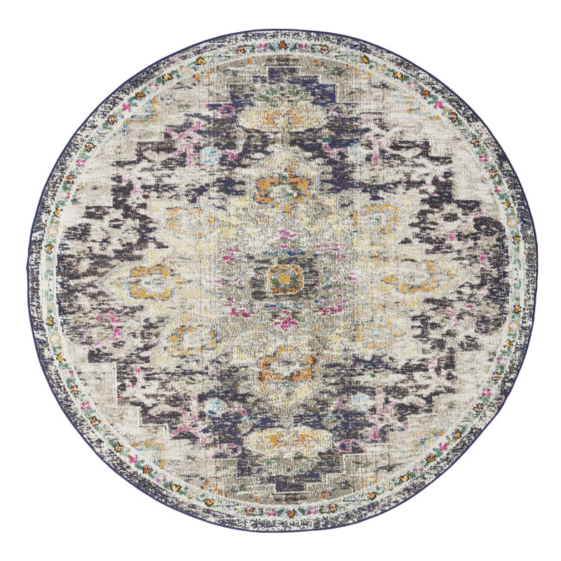 Felty Oriental Black/Gold Area Rug, Round 6'7"