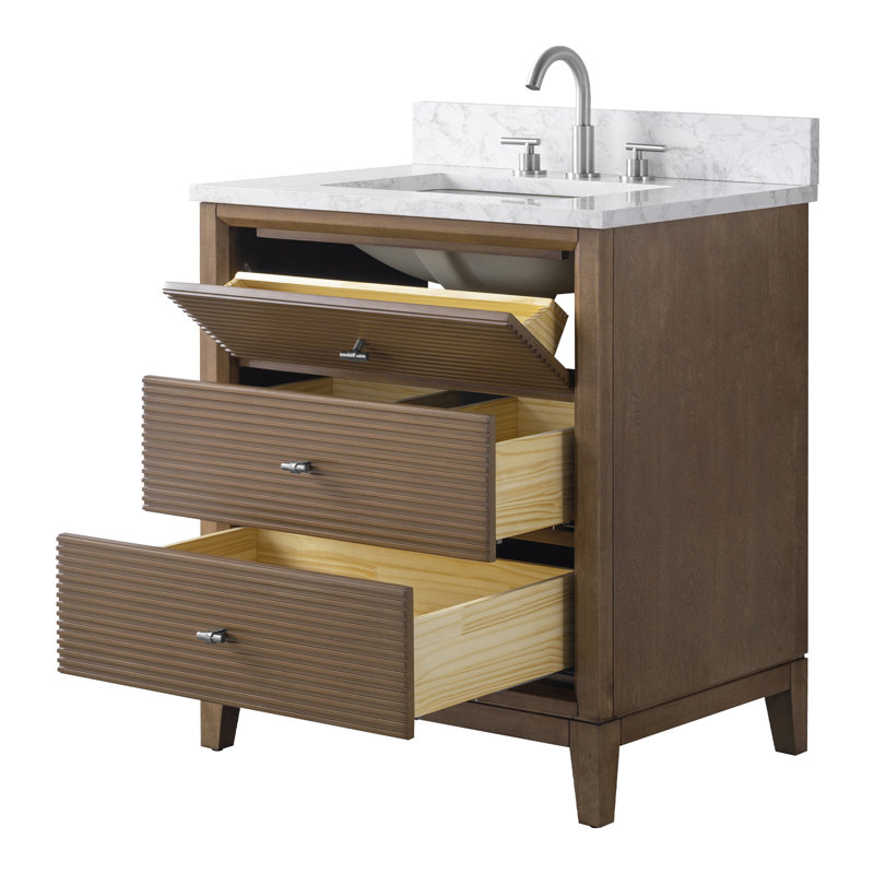 Meuble-lavabo autoportant à simple cuve 30 po avec plateau en marbre Caldwell, Arabescato blanc, Noyer, Nickel brossé