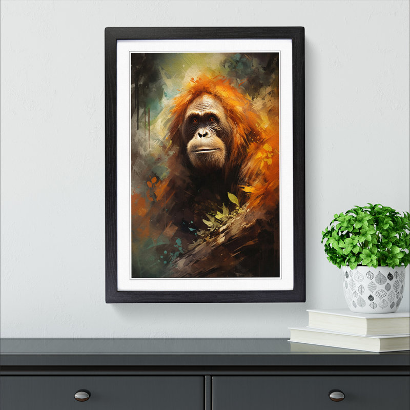 Orangutan Impressionism - Single Picture Frame Print on Wood, Black, 46cm H x 34cm W x 2cm D