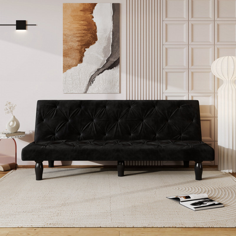 66" Black Velvet Sofa Bed, Black