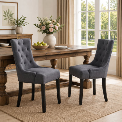 Modern Linen Upholstered Dining Chair with Buttonless Deep Tufted Back and Solid Wood Legs for Dining Room and Living Room, Set of 2