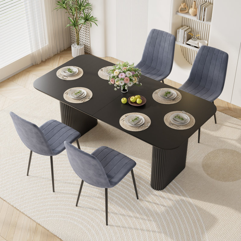 Table de salle à manger à double piédestal 71 pouces avec chaises en velours, Noir, Vert, 5