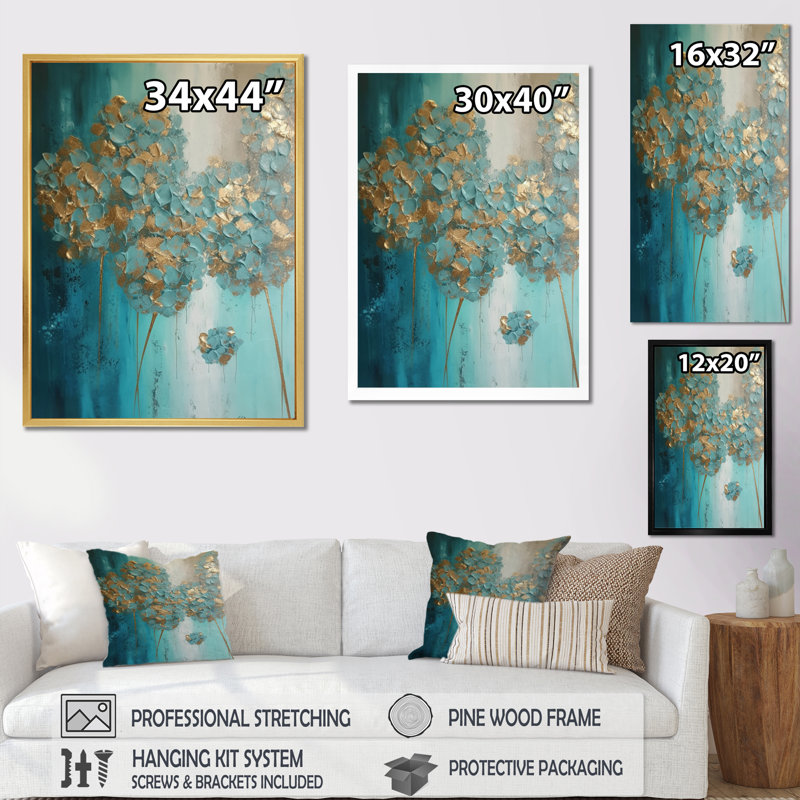 «Hydrangea Flower Blossoming Gold Retro Teal Gold I», reproduction sur toile, H 20 po x l 12 po x P 1 po, Cadre flottant doré