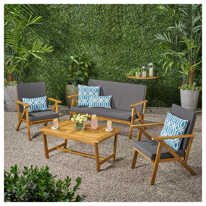 Ensemble de conversation d'extérieur 4 pièces en bois d'acacia avec coussins résistants à l'eau - Ensemble de conversation pour patio et jardin résistant aux intempéries