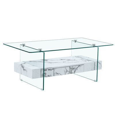 " two-tier glass coffee table with storage drawer, modern white marble pattern design for living room