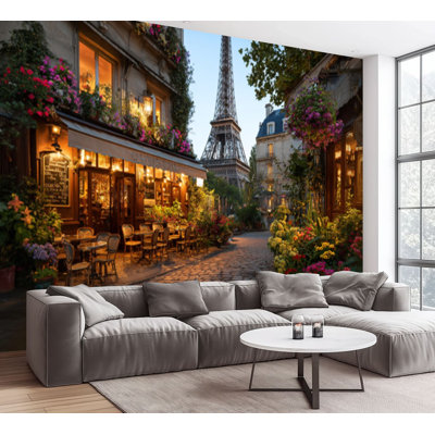 Wall Mural Peel and Stick Wallpaper Charming Parisian Cafe Scene Eiffel Tower Flower Adorned Self-Adhesive Removable Contact Paper Wall Decor for Living Room Bedroom 100"H x 144"W
