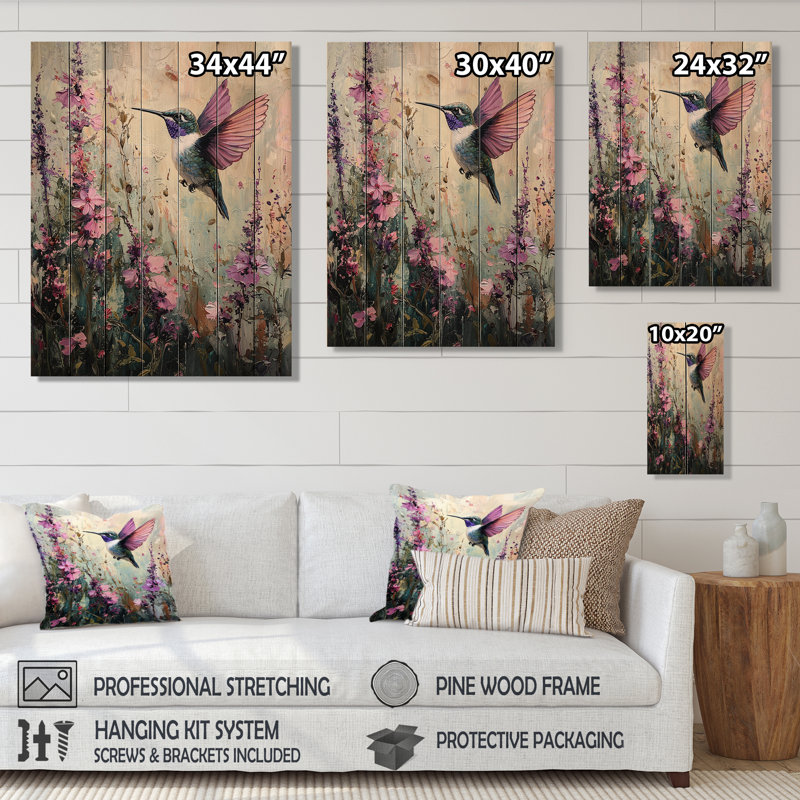 Hummingbird In The Wildflowers II - Bird Wood Wall Decor - On Natural Pine Wood, 32" H x 24" W x 0.78" D