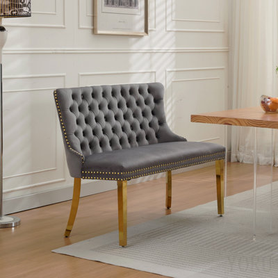 Velvet Double Dining Loveseat Bench, Kitchen & Dining Seating, 2-Seat Tufted Bench W/Handmade Buttons, Wing Back, Gold-Plated Steel Legs, Mid Century Modern,Single Pack,Gray