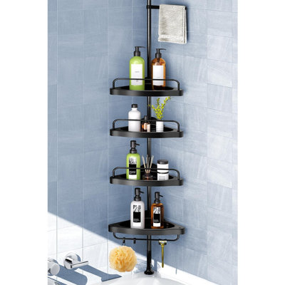 Poteau de tension de coin pour chariot de douche - Noir - Organisateur de douche réglable en acier inoxydable à 4 niveaux, support sur pied avec barres antirouille pour le rangement de la salle de bain et de la baignoire