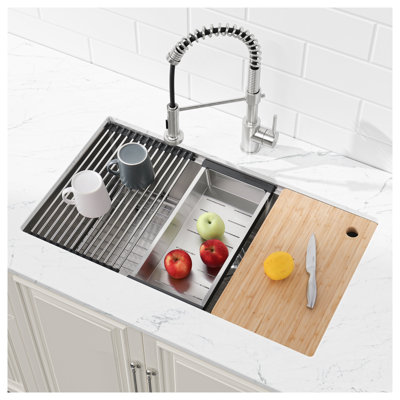 Évier de cuisine à simple cuve encastrable 36 po x 19 po en acier inoxydable 304 brossé avec planche à découper, passoire et grille