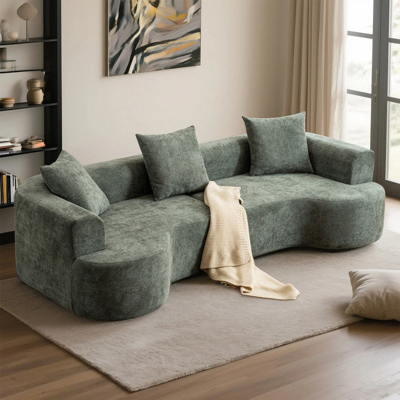 Canapé incurvé moderne avec 3 coussins Modern, Mélange de lin vert