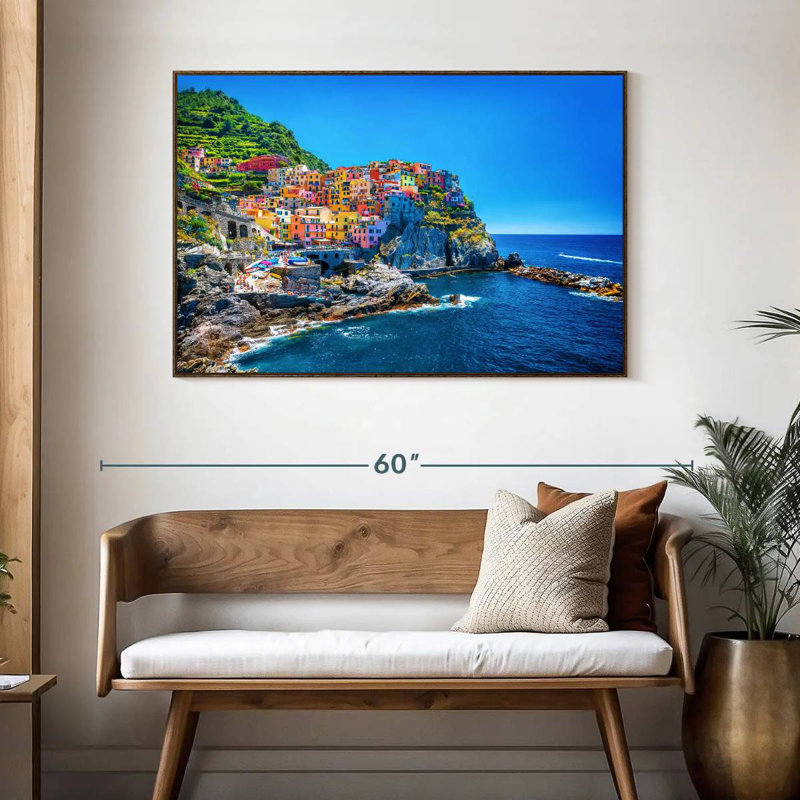 Cinque Terre, bord de mer, 46 po x 31 po, Cadre flottant noyer
