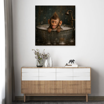 Cute Monkey Bubble Bath Playful Rustic Vintage Monkey Wall Art Print 1 Piece Wrapped Canvas Wall Art