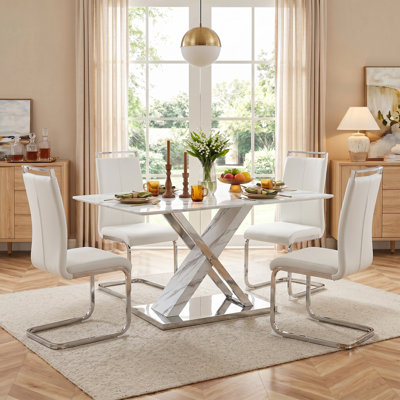 5-Piece Modern Rectangular Faux Marble Dining Set with Cantilever Chairs