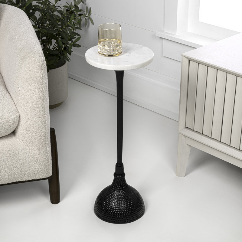 Ava Contemporary 23.75" Round White Marble Top Drink Table, Hammered Matte Black Metal Pedestal Martini Accent Side Table