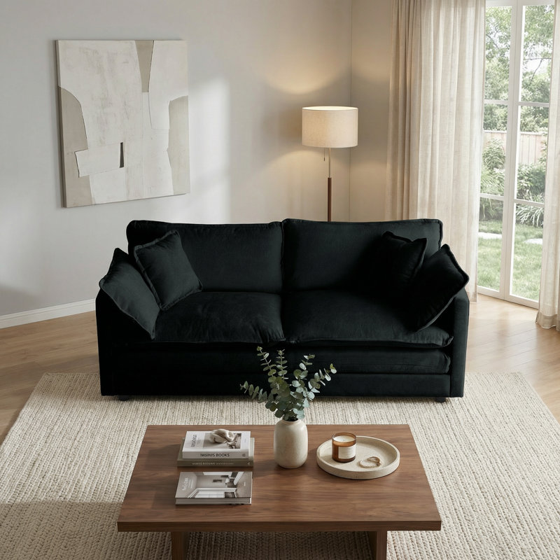 Canapé-lit 2 places en chenille noire et grand canapé profond avec 4 coussins décoratifs