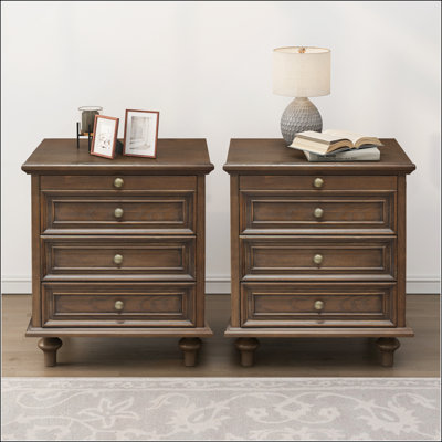 Farmhouse Nightstands Set of 2 with 4 Drawers, Hidden Pull-Out Shelf, and Solid Wood Feet, Easy Assembly, Walnut Brown