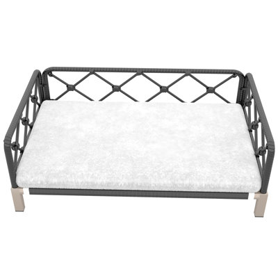 Brown Rattan Dog Sofa With Detachable White Cushion, Machine-Washable Classic Bohemian Pet Bed