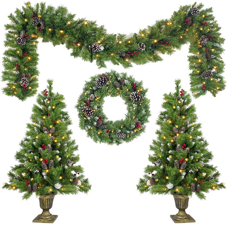 Ensemble de 4 pièces pré-éclairées pour décoration de Noël artificielle - arbre de Noël, guirlande, couronne et 2 arbres d'entrée avec lumières DEL