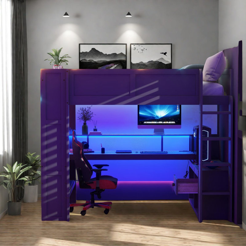 Lit mezzanine double moderne en bois avec bureau multifonctionnel et DEL, gris foncé