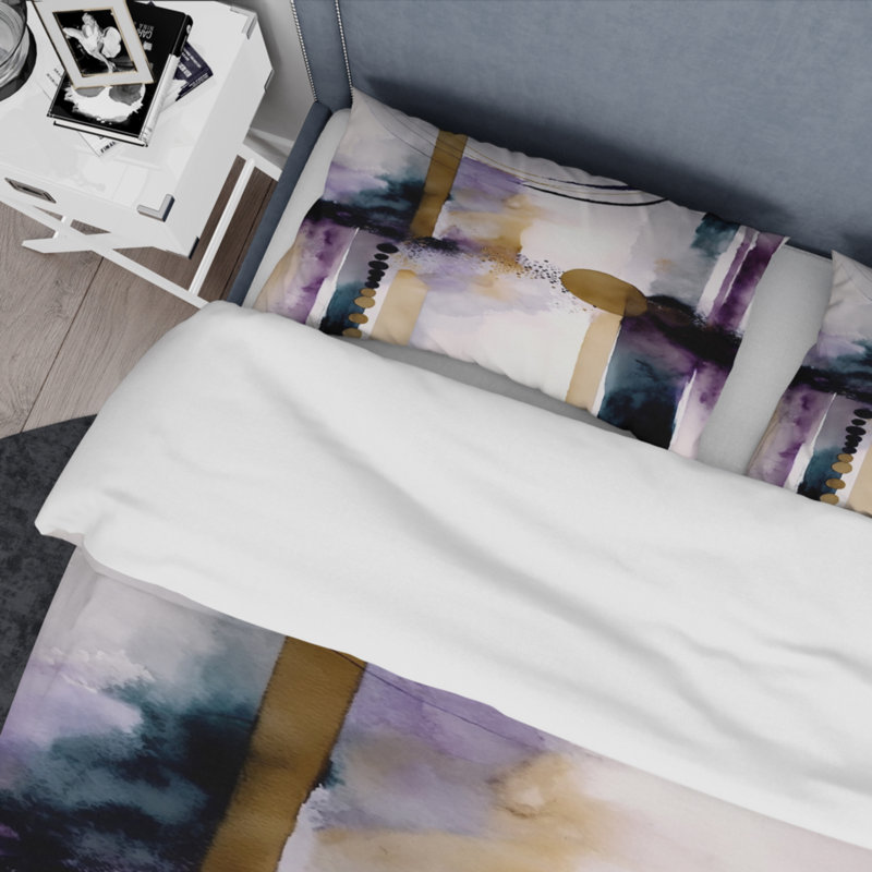 Ensemble de housse de couette en microfibre / polyester abstrait géométrique mauve et doré II
