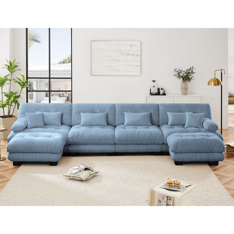 Canapé modulaire Free Combination, canapé en U pour le salon, canapé 4 places avec 2 repose-pieds, bleu chenille