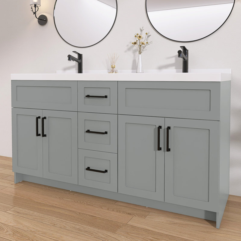 Meuble-lavabo de 60 po sans lavabo supérieur, base d'armoire seulement, rangement pour salle de bain à 3 tiroirs, conception à quatre portes, imperméable, résistant aux taches, gris, non assemblé