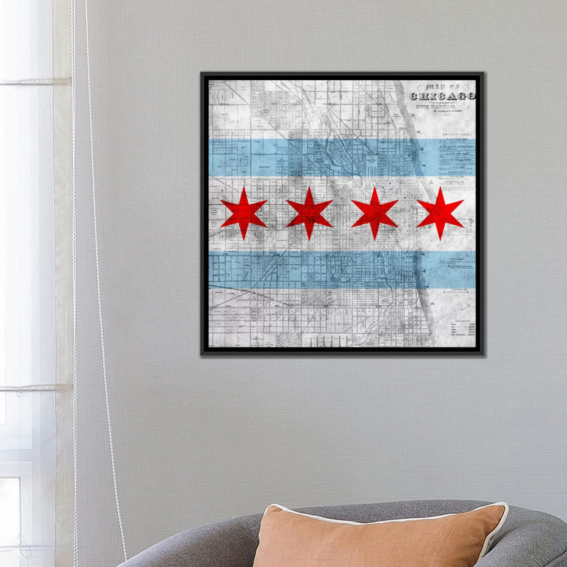 Drapeau de Chicago, carte, impression sur toile, H 18 po x l 18 po x P 1,5 po, Toile avec cadre noir, Pas de tapis