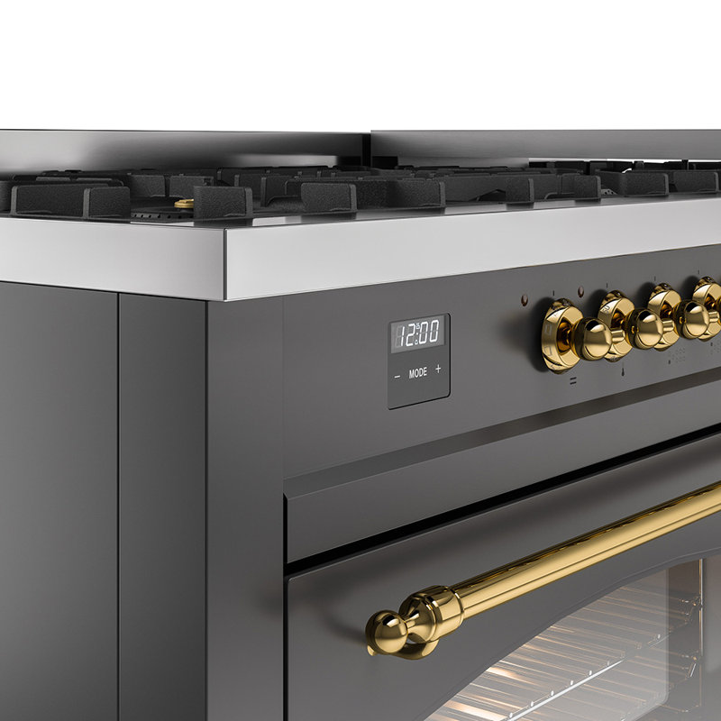 ILVE Nostalgie II 60 Dual Fuel Range, 9 Burners, Griddle, Graphite Matte/Brass, Natural Gas