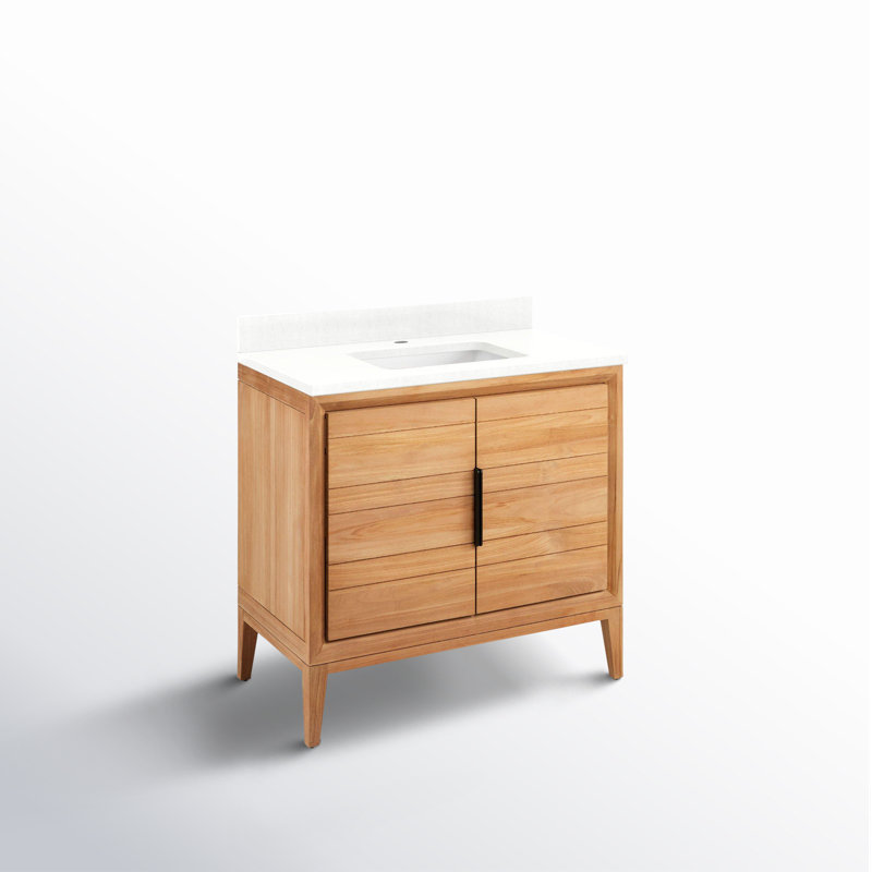 Aliso 36" Single Bathroom Vanity, Single-Hole Centered, Feathered White Quartz, Natural Teak