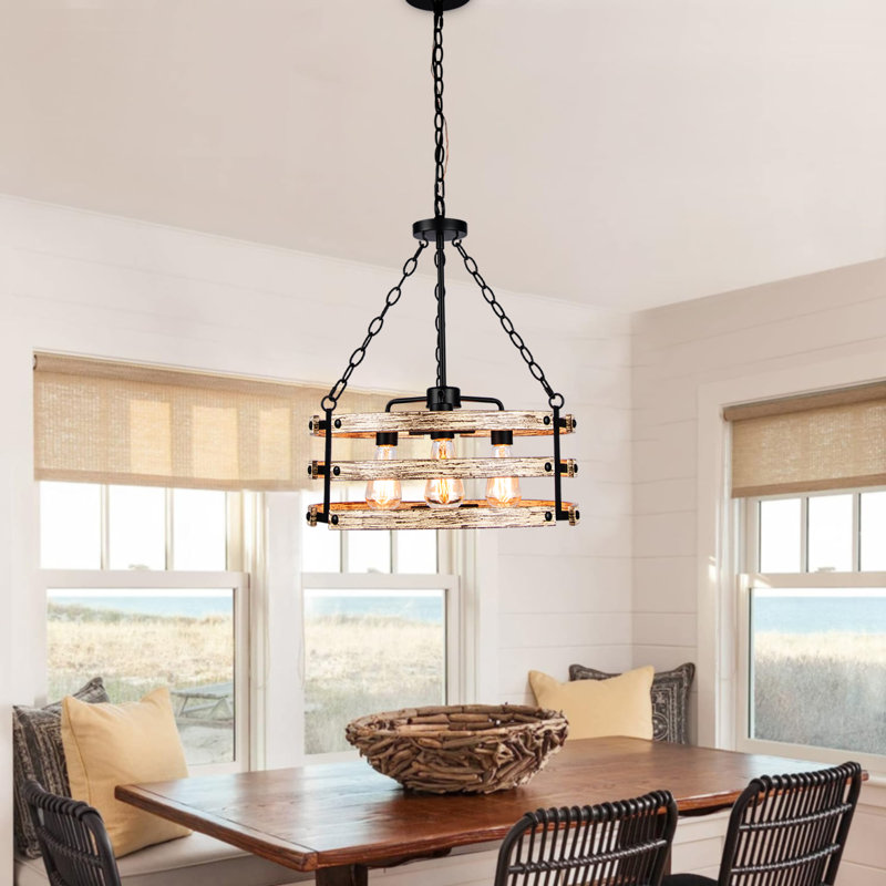 3 - Light Drum Solid Wood Caged Chandelier with Metal Accents