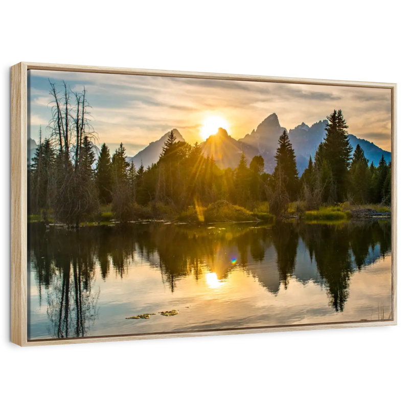 Coucher de soleil spectaculaire sur Grand Teton, Cadre flottant en bois naturel, 40 po x 27 po