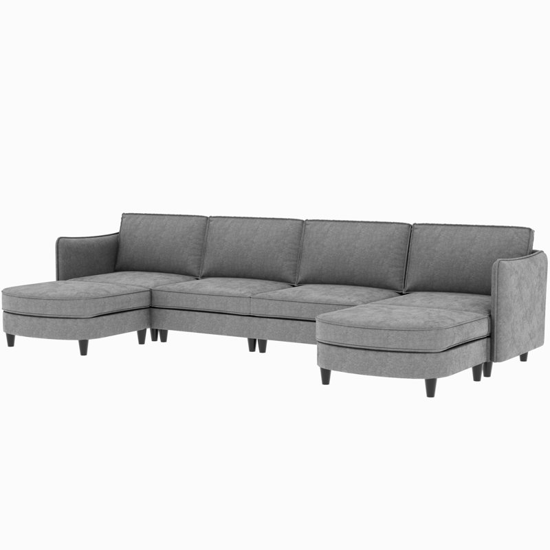 U - Shaped 6 Seater Fabric Couch With Movable , Arm Pockets, Skin Breathable Cover, For Living Room, Wooden Frame, High Density Foam Cushions, Gray Fabric, Room And Office, Gray, Cushions