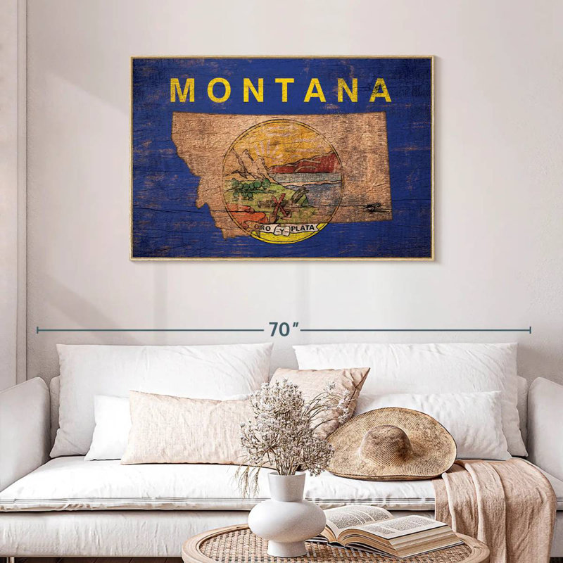 Carte de l'État sur le drapeau du Montana, Cadre flottant en bois naturel, 43 po x 29 po