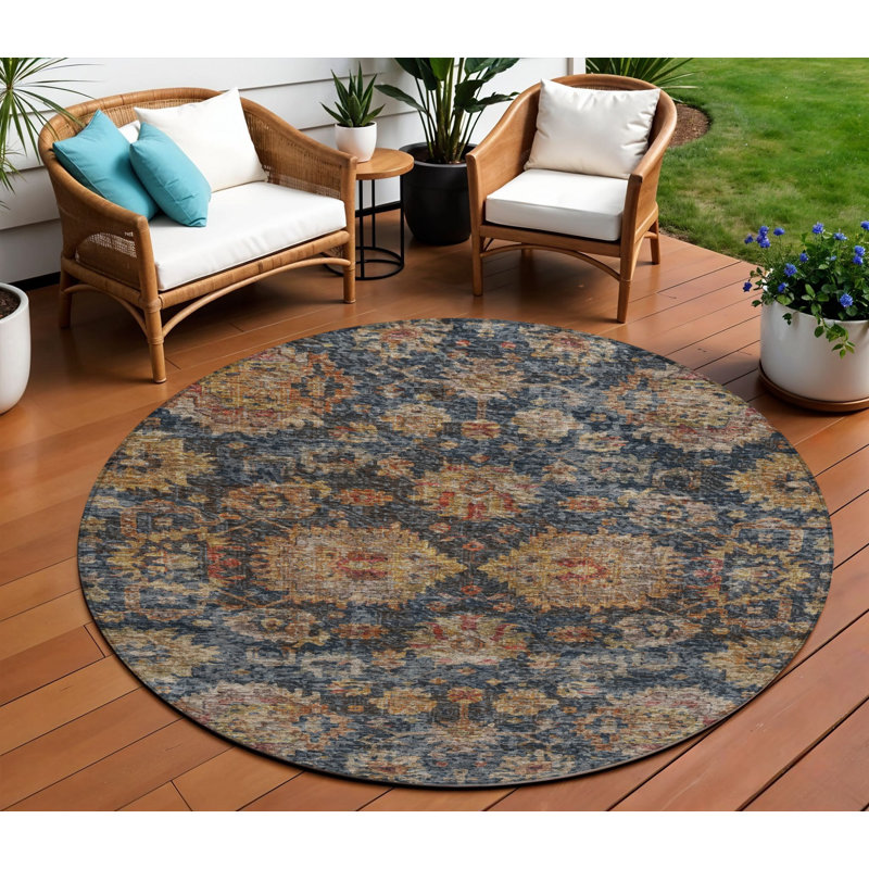 Tapis intérieur lavable rond 8 pi bleu marine et brun terre cuite