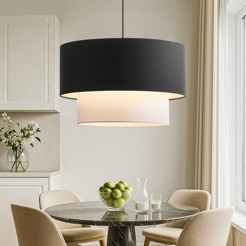 Dual-Layer 2-Light Dimmable Drum Chandelier With Black Fabric Shades