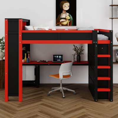 Lit mezzanine avec garde-robe, tablettes et bureau et station de charge USB, lit mezzanine en bois avec échelle et garde-corps, lattes