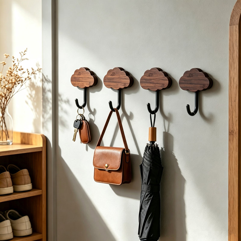 Patères murales en bois, porte-manteau en bois naturel, ensemble de 4