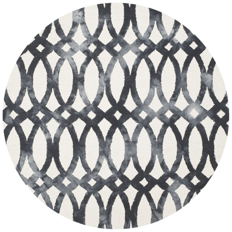 Amekia Hand Tufted Wool/Cotton Geometric Rug in Graphite/Ivory, Round 7'