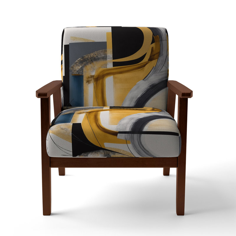Fauteuil rembourré gris et jaune Kycia, Accoudoirs carrés bruns