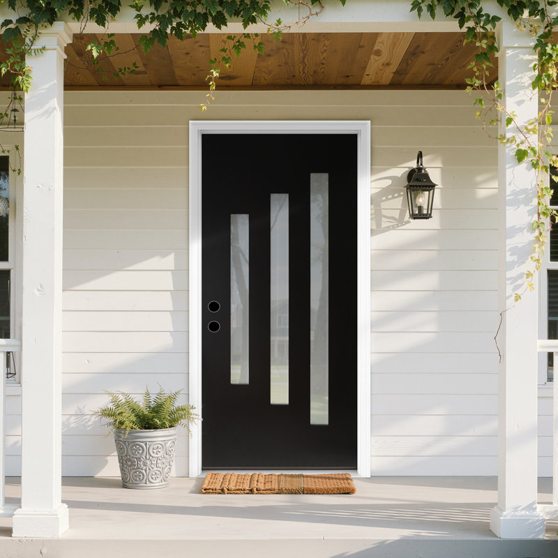 Porte d'entrée transitionnelle en fibre de verre noir avec verre givré vertical, cadre de porte blanc préfini, Gauche