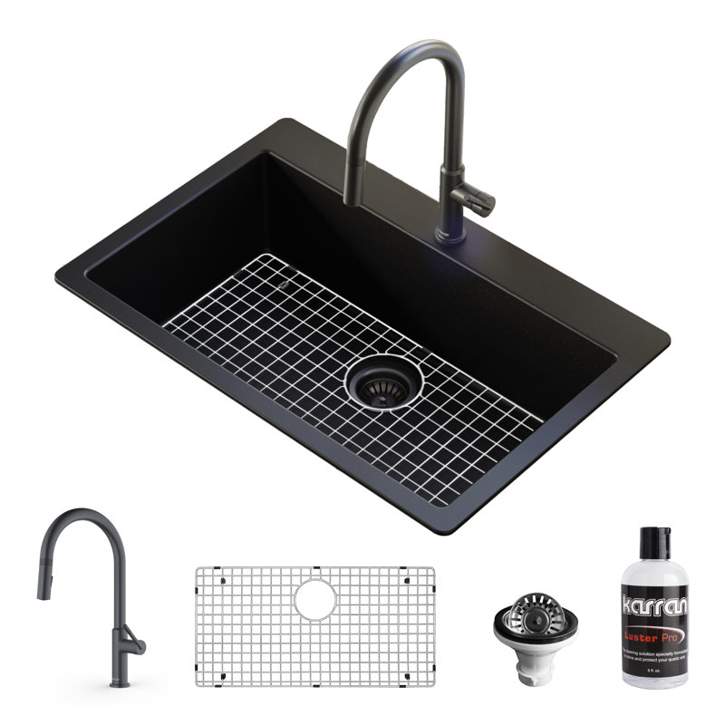 Karran Quartz 33'' X 22'' Single Bowl Drop-in Kitchen Sink With Faucet, Gunmetal Gray