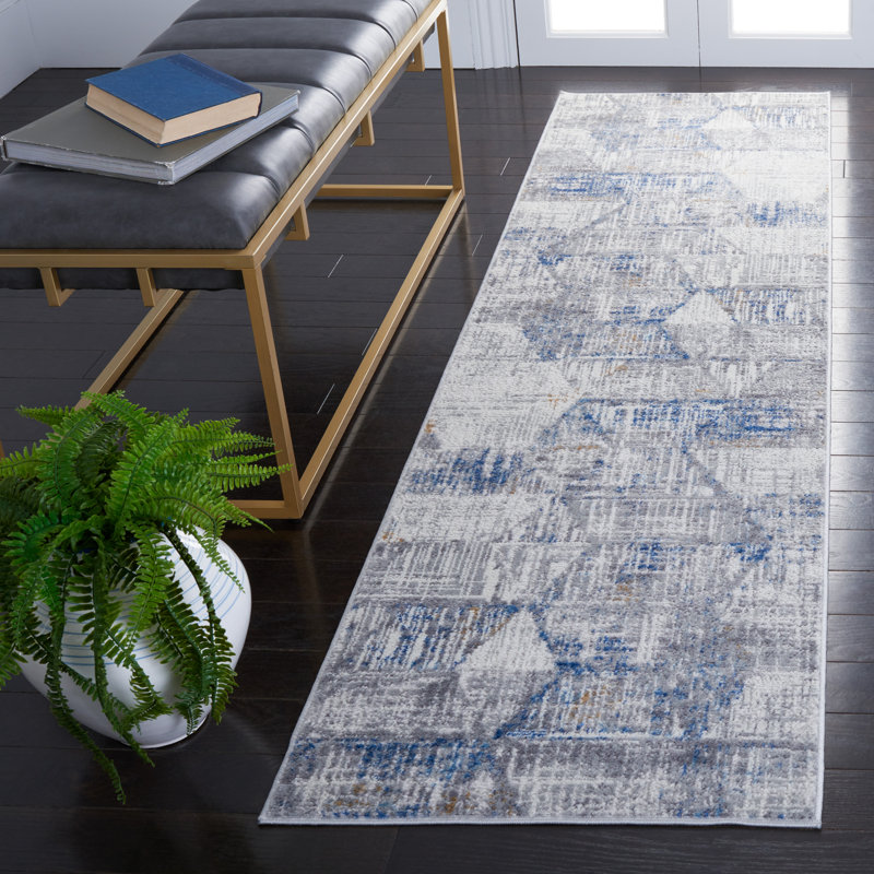 Tapis abstrait ivoire / bleu, Tapis de couloir 2 pi 2 po x 8 pi