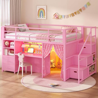 Low Loft Bed Twin Size with Stairs and 5 Storage Drawers, Twin Loft Bed with Privacy Curtain, Bookshelf, & LED Lights, Metal Kids Loft Bed with Safety Guardrail & Under-Bed Play Space