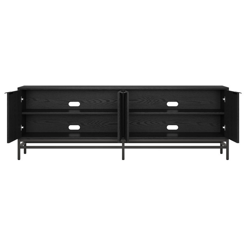Meuble télé 70 po pour téléviseur de 78 po ou moins avec portes cannelées et gestion des câbles - Console média transitionnelle grain noir pour salon | Montello