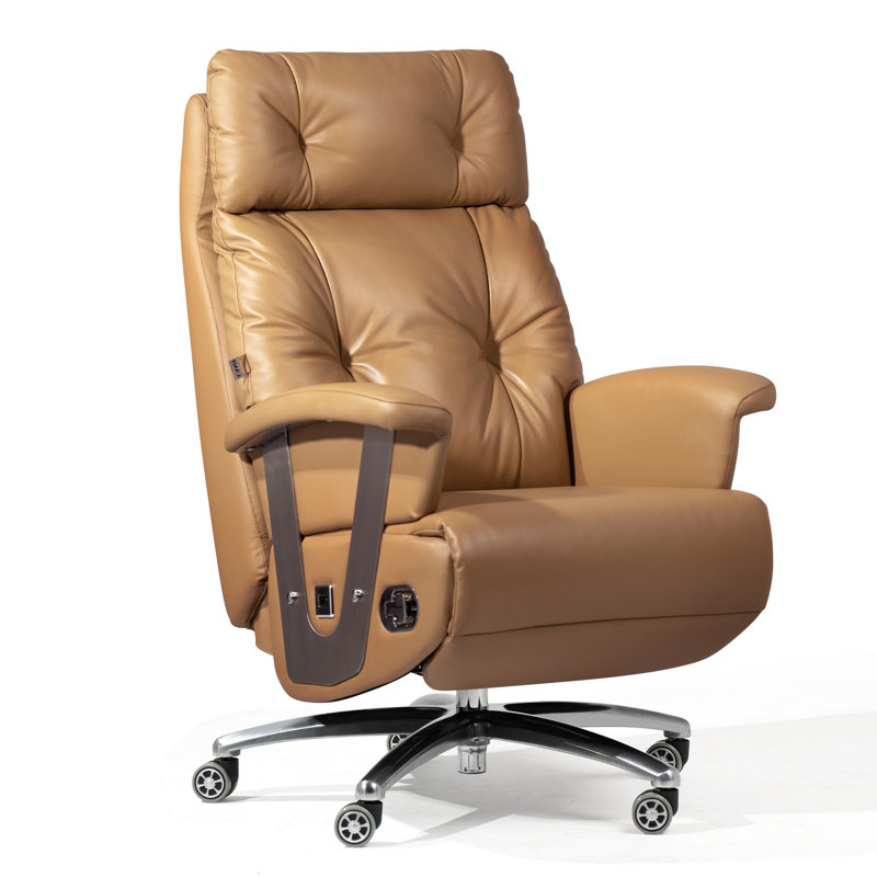 Kinnls Freya Power Recliner Chair with Footrest, Fully Reclining Office Chair Modern Managerial Executive Chairs, Ergonomic Genuine Leather Home Office Desk Chair(Khaki-Dual Motor)