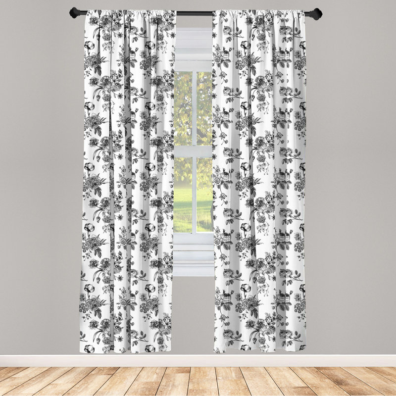 Vintage Floral Black and White Microfiber Curtain Set, 56" x 95"