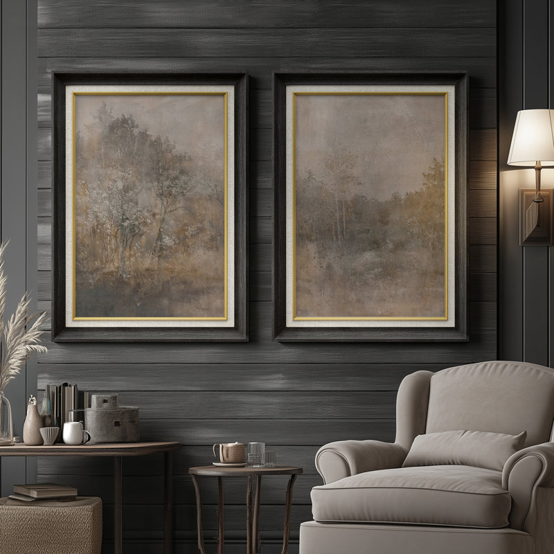 «Misty Woodland Landscape Warm Rustic», ensemble de 2 reproductions d'art encadrées de qualité supérieure sur papier 26 po x 36 po
