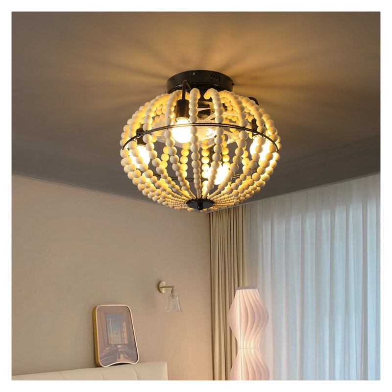 Boho Wood Beaded Ceiling Fan Light - Modern Farmhouse Semi-Flush Mount Chandelier with Reversible DC Motor for Bedroom & Living Room