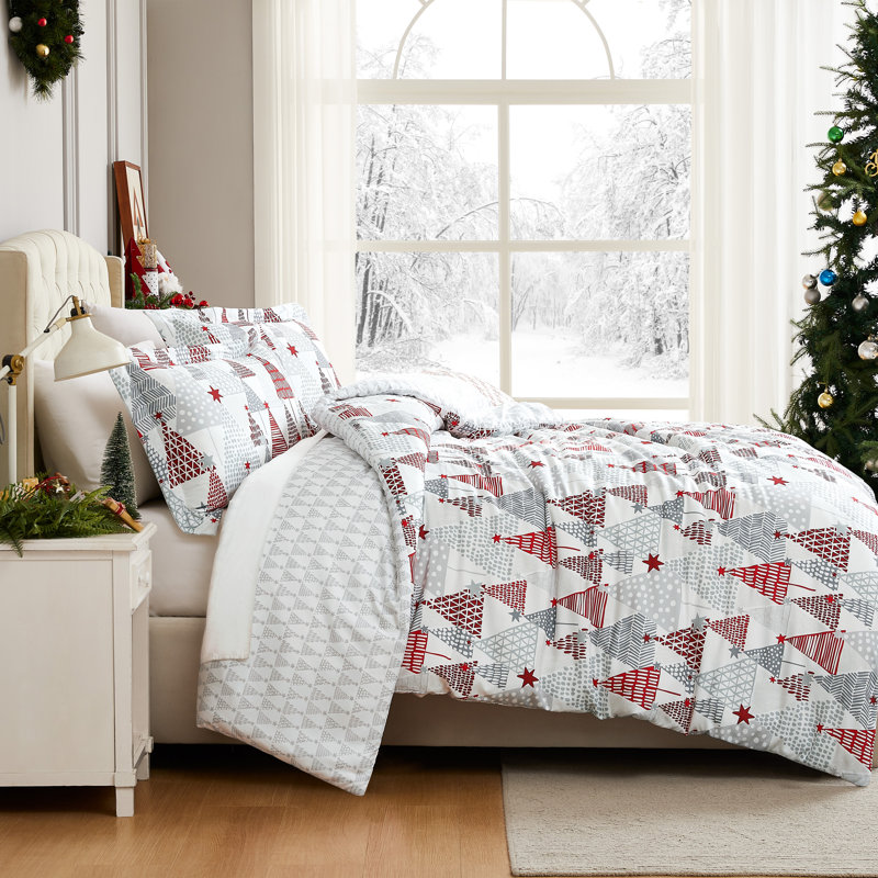 Merry and Bright Oversized Reversible Holiday Bedding Down Alternative Comforter Set with shams